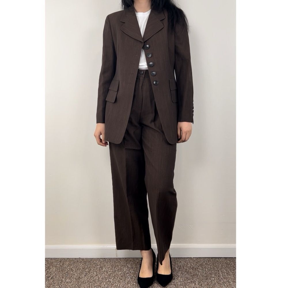 Vintage Escada Wool Linen Blend Lightweight Brown Pantsuit - Picture 1 of 8